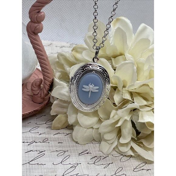 Dainty Cameo Dragonfly Locket Silver Easter Mom Blue White Daughter Gift Wedding - Picture 6 of 12